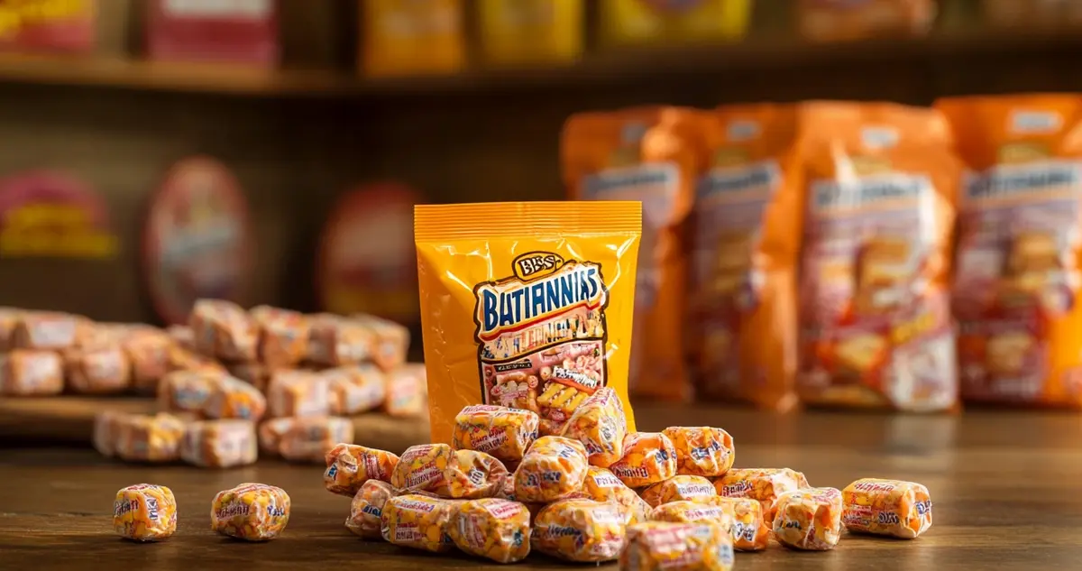 An assortment of 1990s candy snacks, with Butterfinger BBS prominently displayed, showcasing their iconic orange wrappers. The nostalgic setting features vintage candy packaging, evoking memories of childhood treats.