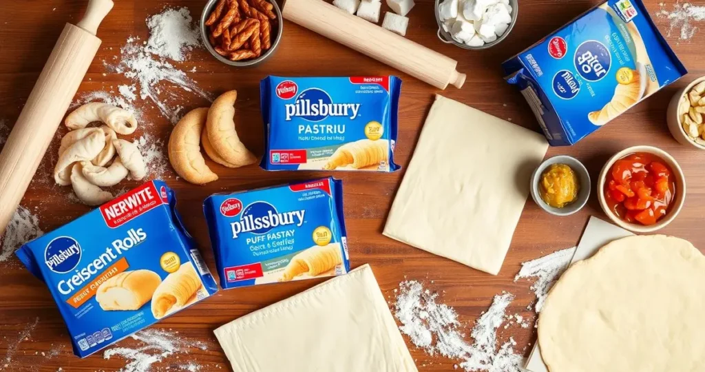 A flat lay of various pastry dough alternatives, featuring Pillsbury crescent rolls, puff pastry sheets, and other dough types like phyllo and shortcrust, arranged artistically on a wooden countertop with rolling pins, flour, and a selection of savory and sweet fillings nearby, all beautifully lit to highlight the textures and colors.