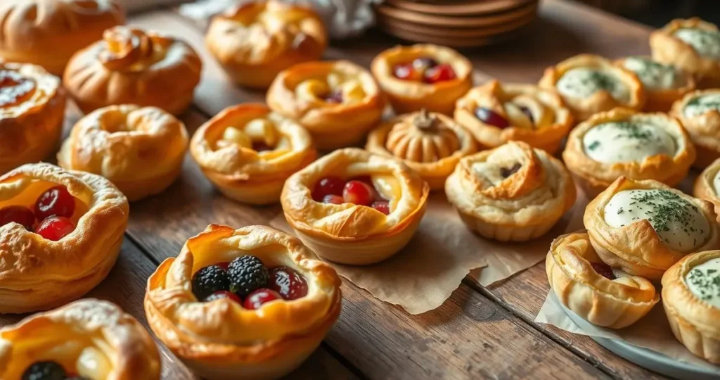 A lavish spread of golden-brown puff pastry creations on a rustic wooden table, showcasing an array of delicate pastries like vol-au-vent, sweet fruit tarts, and savory puffs filled with cheese and herbs, with rich textures and intricate layers highlighted; soft natural light illuminating the scene, enhancing the flaky, buttery surface of each pastry.