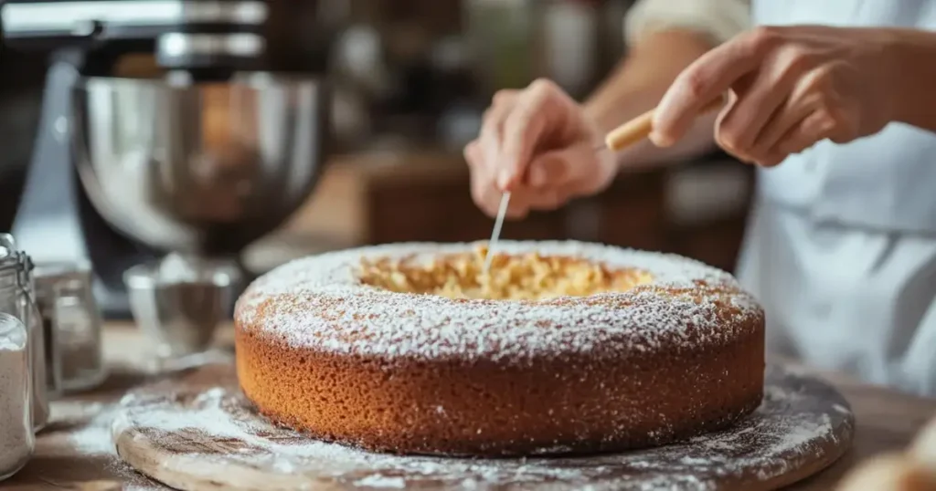 A home baking scene where a chef checks a cake's doneness with a toothpick after baking at 325°F. The cozy kitchen features flour, measuring spoons, and a mixer in the background, creating a warm and inviting atmosphere.