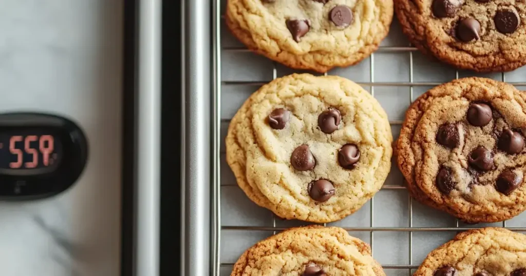 A baking tray filled with freshly baked chocolate chip cookies. Half of the cookies are golden brown with crisp edges, while the other half is soft and chewy, illustrating the difference between baking at 325°F and 350°F. A digital oven thermometer is visible on the side.