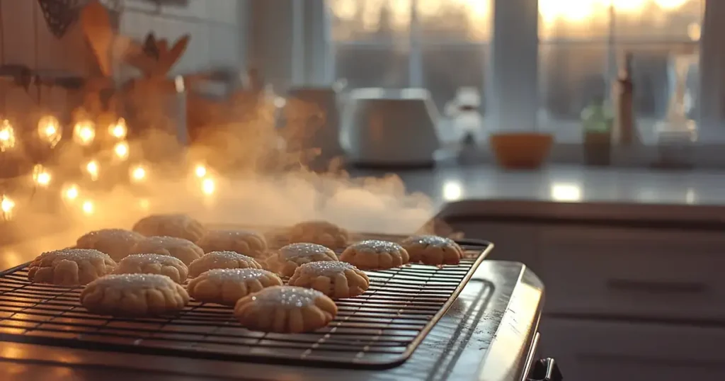 Freshly baked golden-brown cookies cooling on a wire rack in a cozy kitchen, with warm natural lighting and steam rising, emphasizing their soft, crispy texture.