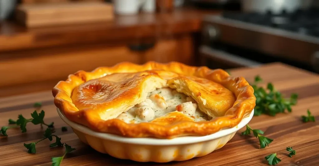 A freshly baked chicken pot pie cooling on a wooden countertop exudes warmth and comfort. As its golden-brown flaky crust glistens, steam gently rises from the savory filling. Meanwhile, fresh herbs are scattered around, adding a touch of vibrancy to the scene. In addition, the rustic kitchen setting, enhanced by soft and warm lighting, creates an inviting and cozy atmosphere.