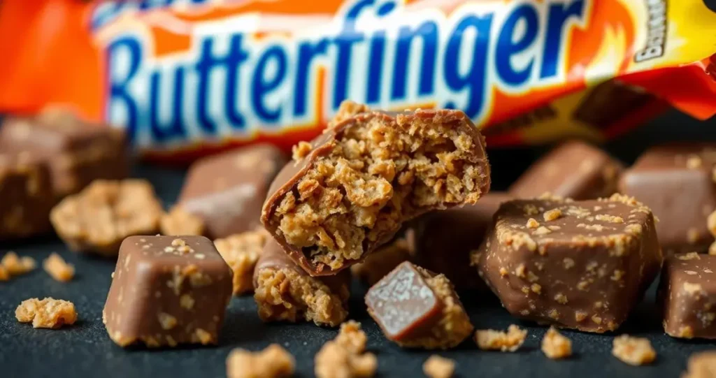 A close-up of a Butterfinger BBS candy, showcasing its unique mini size and distinct, crumbly texture. The image captures the vibrant orange and yellow packaging, emphasizing the small, bite-sized pieces scattered artistically around. Focus on the rich chocolate coating and the crunchy peanut butter interior, with a few pieces broken open to reveal the layered texture inside, set against a contrasting background that enhances the candy's colors.