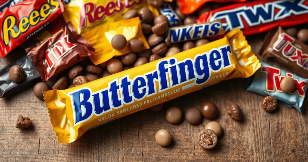 A Butterfinger candy bar resting on a rustic wooden surface, surrounded by a collage of nostalgic candy brands like Reese's, Snickers, and Twix, with soft, warm lighting that evokes a sense of nostalgia and sweetness. The candies are artfully arranged to highlight their colorful wrappers and textures, creating a heartwarming scene reminiscent of childhood treats.