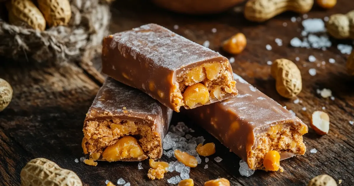 Close-up image of a Butterfinger candy bar with its flaky, crispy peanut butter core visible. The signature orange-colored candy coating and textured layers of the filling are showcased, with surrounding ingredients like peanuts and sugar for context.