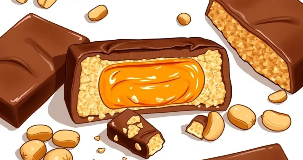 A vibrant and detailed illustration showcasing the ingredients of a Butterfinger candy bar, including creamy peanut butter, crunchy toffee, and smooth chocolate coating, arranged artfully with textures and colors, emphasizing the iconic orange hue of the peanut butter center, surrounded by scattered peanuts and a broken Butterfinger bar for visual interest.