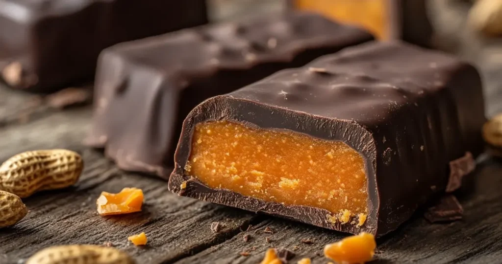 Close-up of a Butterfinger candy bar split in half to showcase its signature orange-colored peanut butter filling and crunchy texture, with roasted peanuts and other ingredients arranged around the candy on a rustic wooden surface.