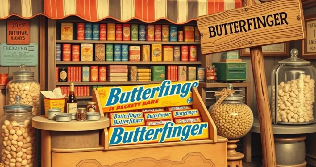 A vintage advertisement scene featuring an old-fashioned candy store with a display of Butterfinger bars, surrounded by nostalgic elements like retro packaging, a whimsical counter with a striped awning, colorful glass jars filled with sweets, and a classic wooden sign pointing to the Butterfinger section, all depicted in warm, nostalgic colors reminiscent of the early 20th century.