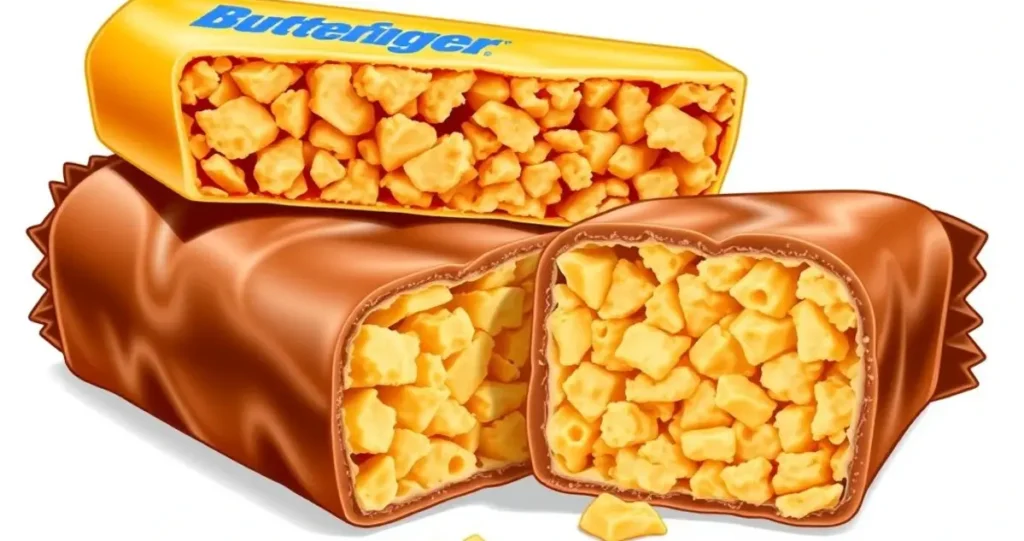 A detailed, scientific illustration showcasing the unique texture of a Butterfinger candy bar, featuring cross-sections revealing flaky layers and crunchy bits, with a focus on the golden-brown exterior and contrasting creamy interior. Include magnified views of the crunchy peanut butter core, emphasizing the irregular flaky shapes and textures, surrounded by a rich chocolate coating, all on a clean white background for clarity.