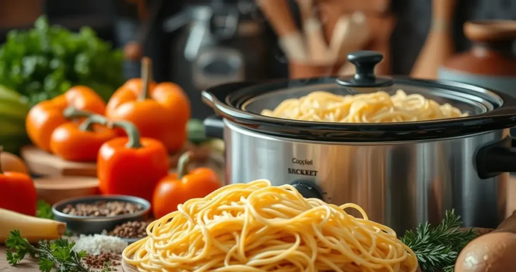 A cozy kitchen scene featuring a slow cooker filled with dry noodles surrounded by fresh vegetables and spices, steam rising from the pot, warm lighting creating an inviting atmosphere, close-up view of the crockpot with noodles in the foreground and ingredients artfully arranged around it.