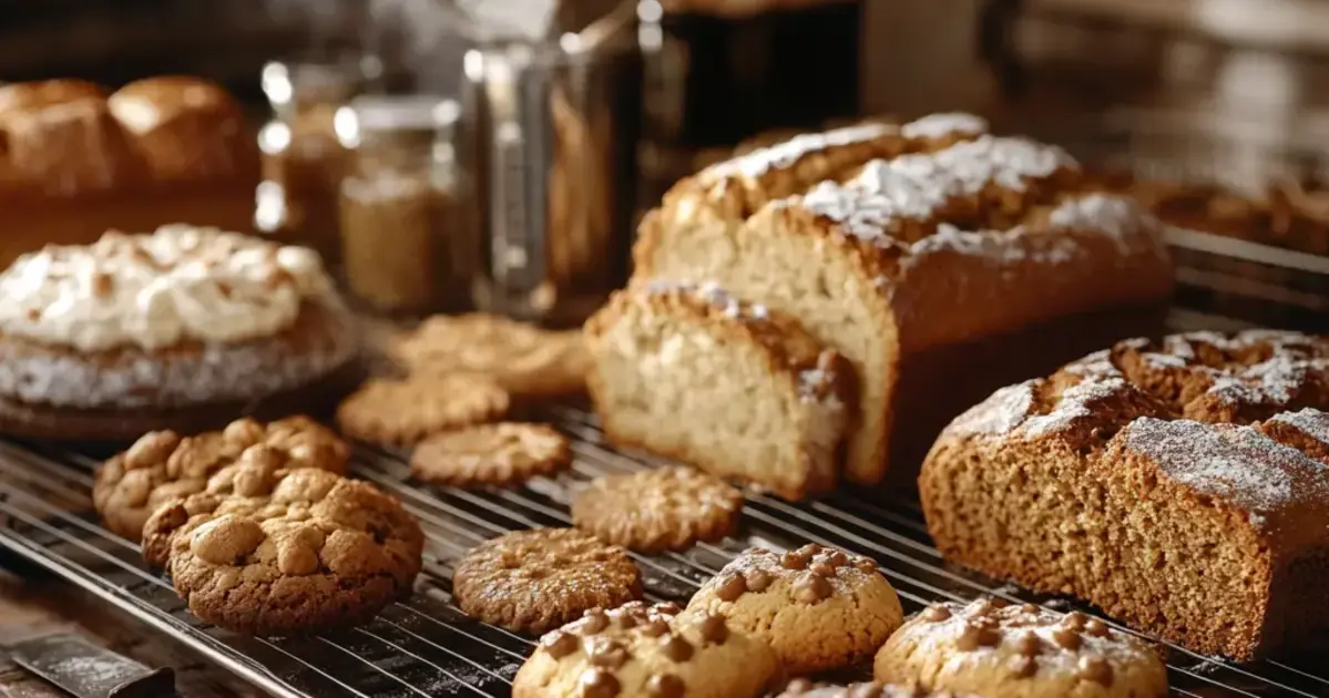 An inviting kitchen scene featuring cookies, bread, and a cake cooling on wire racks, emphasizing the results of precise baking at 325°F. A thermometer and baking tools are visible in the background, highlighting the attention to detail in achieving perfect bakes.