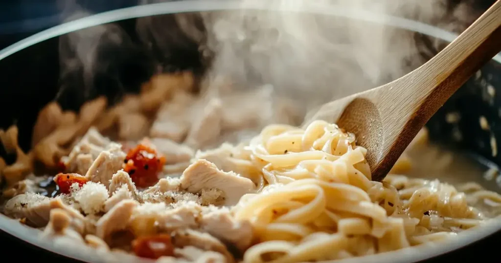 A detailed image of uncooked pasta being added to a pot containing browned chicken, sautéed garlic, and simmering broth. Steam rises from the pot as a wooden spoon stirs the ingredients, capturing the essence of one-pot cooking.