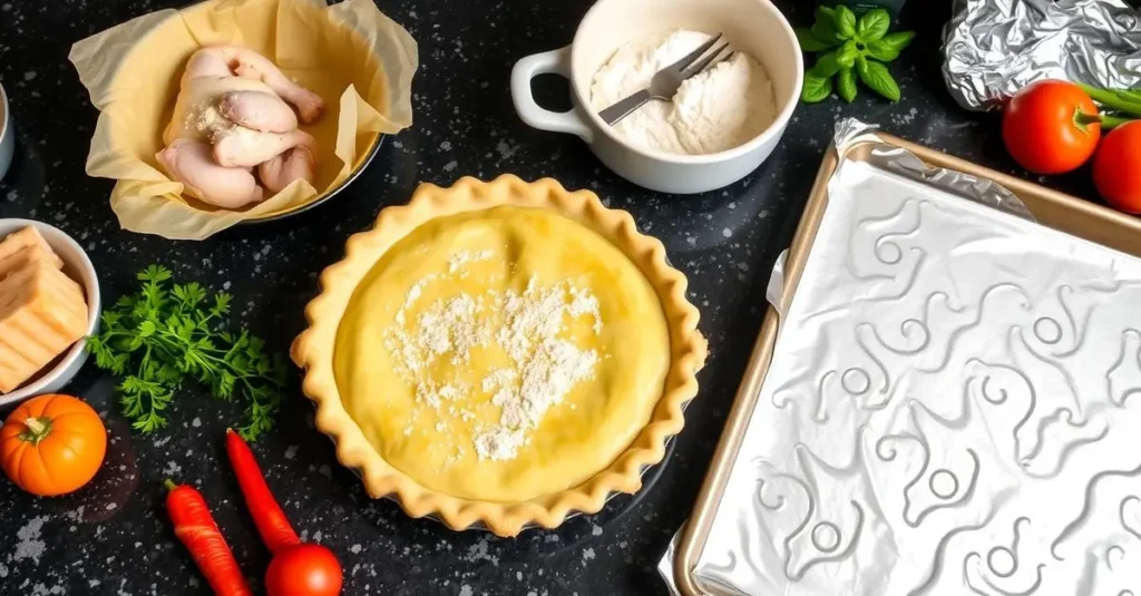 A beautifully arranged kitchen counter displaying various techniques to prevent a soggy chicken pot pie crust, featuring a partially baked pie with a golden crust, a layer of parchment paper, a sprinkling of flour on the surface, a ceramic dish with a fork for venting, and a baking tray lined with foil, all surrounded by fresh ingredients like chicken, vegetables, and herbs in vibrant colors.