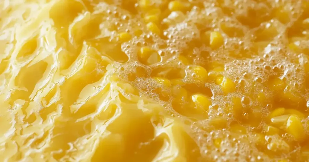 Close-up of a mushy corn casserole in a glass baking dish, showing a wet, sticky texture with condensation on the dish sides, highlighting excess moisture.