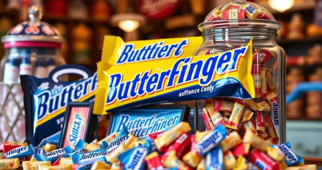 A nostalgic display of vintage Butterfinger BBS candy packaging, featuring vibrant retro colors and distinctive graphics, set against a backdrop of an old-fashioned candy store. The scene includes an assortment of unwrapped Butterfinger BBS candies in a glass jar, evoking a classic candy-lover's paradise, with soft, warm lighting to enhance the vintage feel.