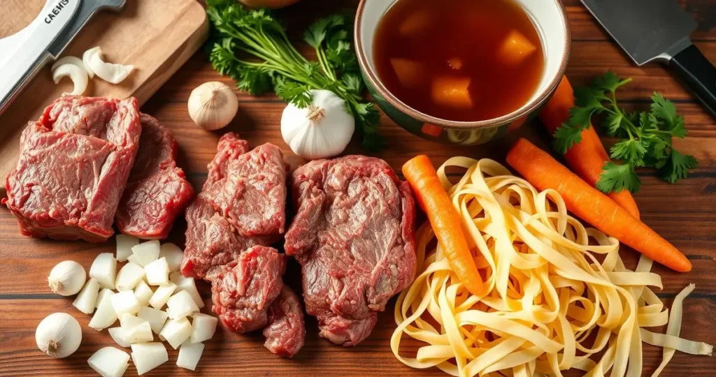 A rustic wooden table displaying an array of essential ingredients for beef tips and noodles, including tender chunks of marbled beef, fresh egg noodles, diced onions, garlic cloves, vibrant carrots, sprigs of parsley, and a bowl of rich beef broth, all surrounded by kitchen utensils like a cutting board and a chef's knife, with warm lighting enhancing the inviting atmosphere.