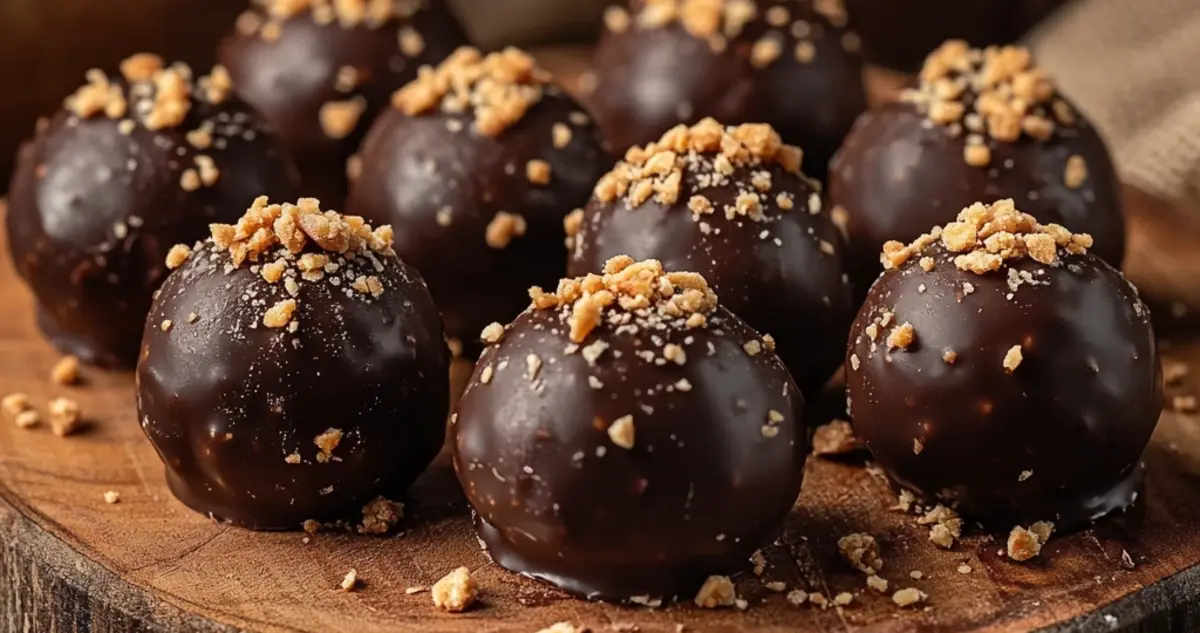 Glossy Butterfinger Balls arranged on a wooden platter, topped with crushed candy pieces, set in a cozy kitchen with scattered ingredients like chocolate bars and graham crackers in the background.