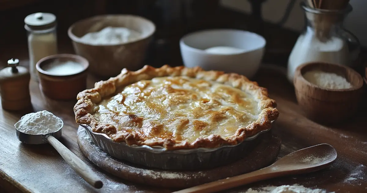 A freshly baked chicken pot pie with a golden-brown crust, surrounded by ingredients like flour, cornstarch, and arrowroot. A bowl of cornstarch slurry sits next to the pie, emphasizing tips for thickening pot pie filling in a cozy kitchen setting.