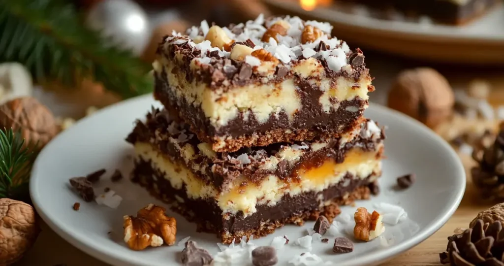 A plate of delicious 7 layer bars, highlighting their layers of chocolate, coconut, and nuts, set in a cozy kitchen environment, representing the article about the caloric content of this indulgent dessert.