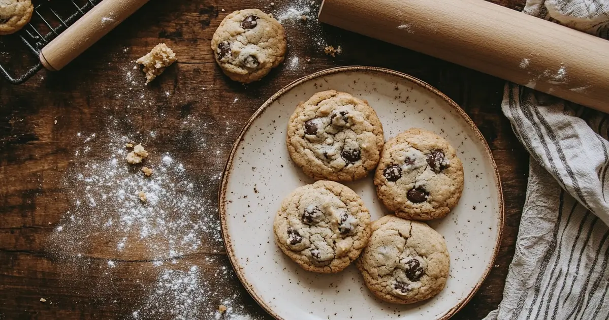 A top-down view of two plates of cookies, one with soft, chewy cookies and the other with hard, crisp cookies, placed on a rustic wooden table surrounded by baking tools and ingredients like flour and eggs in a warm kitchen setting.