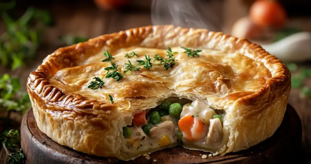 Chicken pot pie with a golden, flaky crust and a creamy filling, steam rising gently, served on a rustic wooden table with fresh herbs and a cozy kitchen setting.