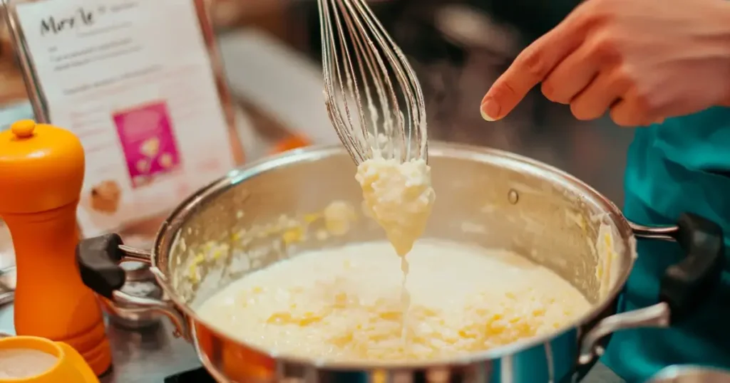 Hands pouring cornstarch slurry into a bubbling pot of Marry Me Chicken sauce while whisking to thicken it. The scene includes a recipe card, measuring cups, and a vibrant kitchen background, highlighting a practical solution for improving sauce consistency.