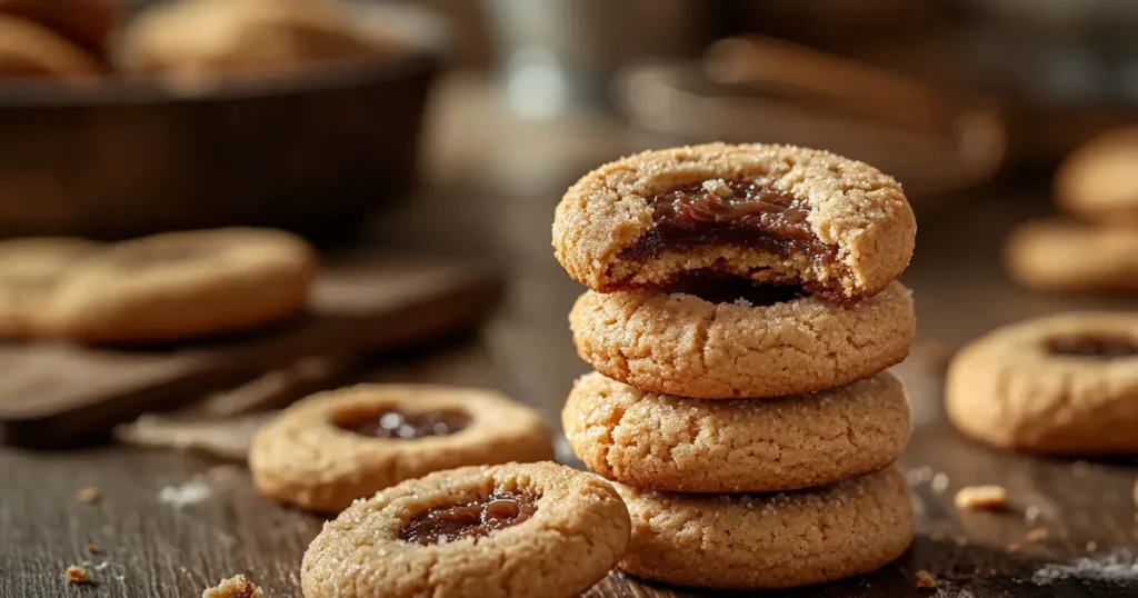 A close-up of a stack of soft and chewy cookies on a rustic wooden table, with one cookie broken in half to show its gooey center. Warm kitchen decor and baking tools are visible in the background, creating a cozy, homemade atmosphere.