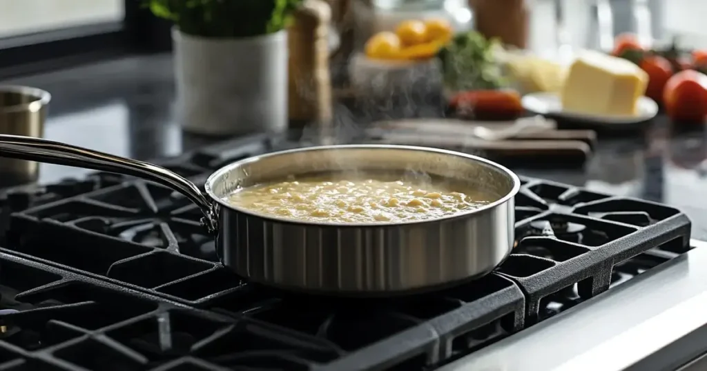 A stovetop in an elegant kitchen showcasing a saucepan of Marry Me Chicken sauce with a thin, runny texture. Neatly arranged ingredients like heavy cream, butter, and chicken stock are displayed on the counter beside the pan, with steam rising for a warm and appetizing atmosphere.