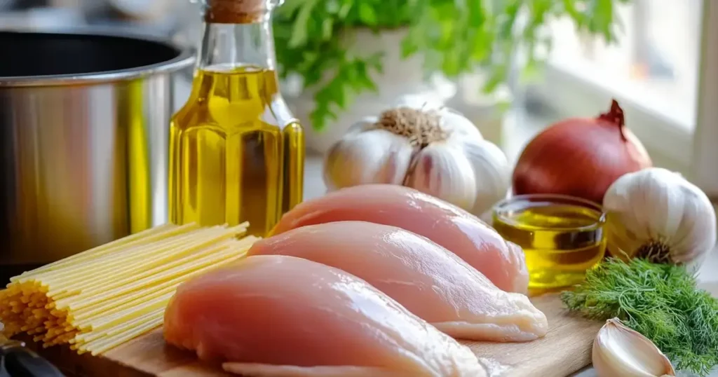 A neatly arranged kitchen counter with raw chicken breasts, uncooked pasta, garlic, onions, olive oil, chicken broth, and a large pot. The setup is well-lit, emphasizing the fresh ingredients required for cooking chicken and pasta together.