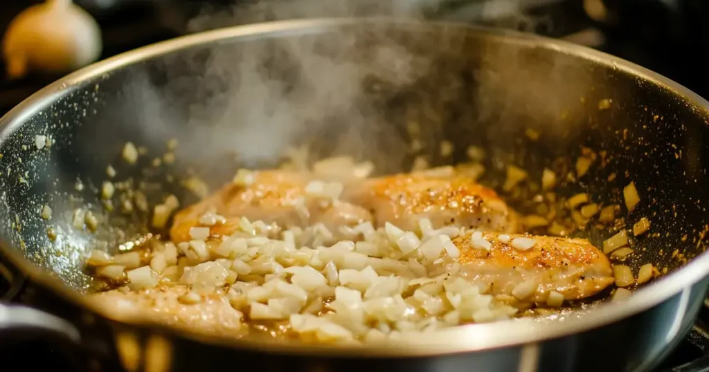 A close-up of a stainless steel pot on a stovetop, showing chicken breasts being seared to a golden-brown crust while garlic and onions are being sautéed beside them. The scene highlights the initial step of flavor-building in the cooking process.