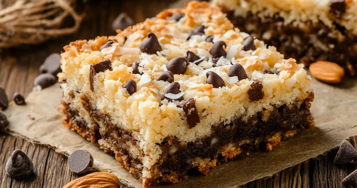 Close-up of freshly baked seven layer bars on a wooden table, showcasing layers of chocolate chips, shredded coconut, and nuts, with scattered ingredients around them.