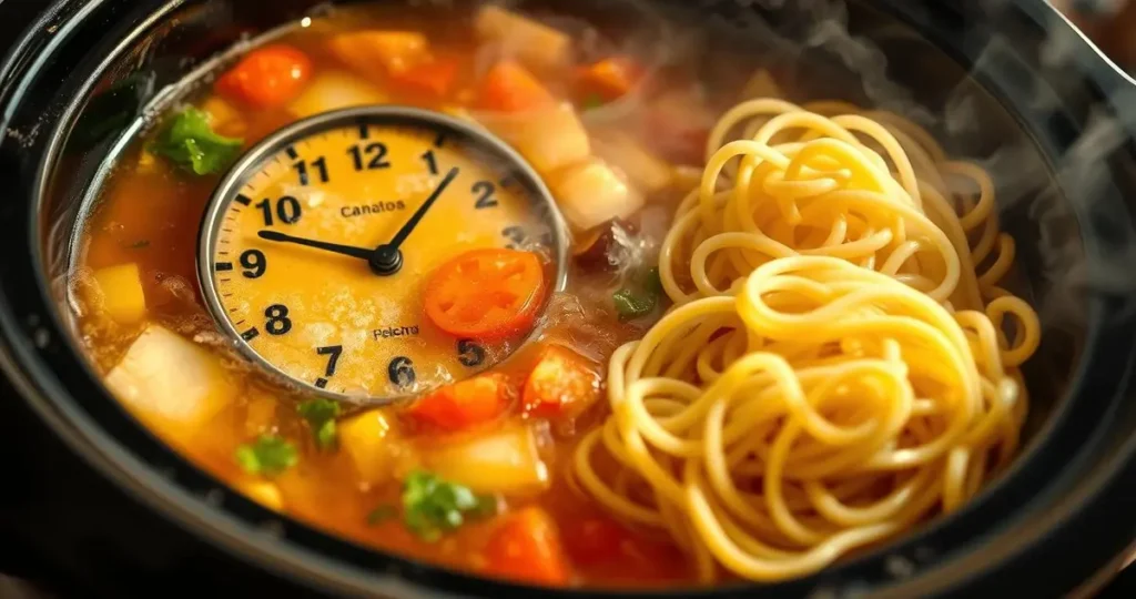 A close-up of a crockpot filled with bubbling broth and colorful vegetables, showcasing perfectly cooked egg noodles on the side. The focus is on a clock with the hands pointing to the ideal time to add the noodles, surrounded by steam and warm light, creating a cozy kitchen atmosphere, with soft shadows and rich textures.