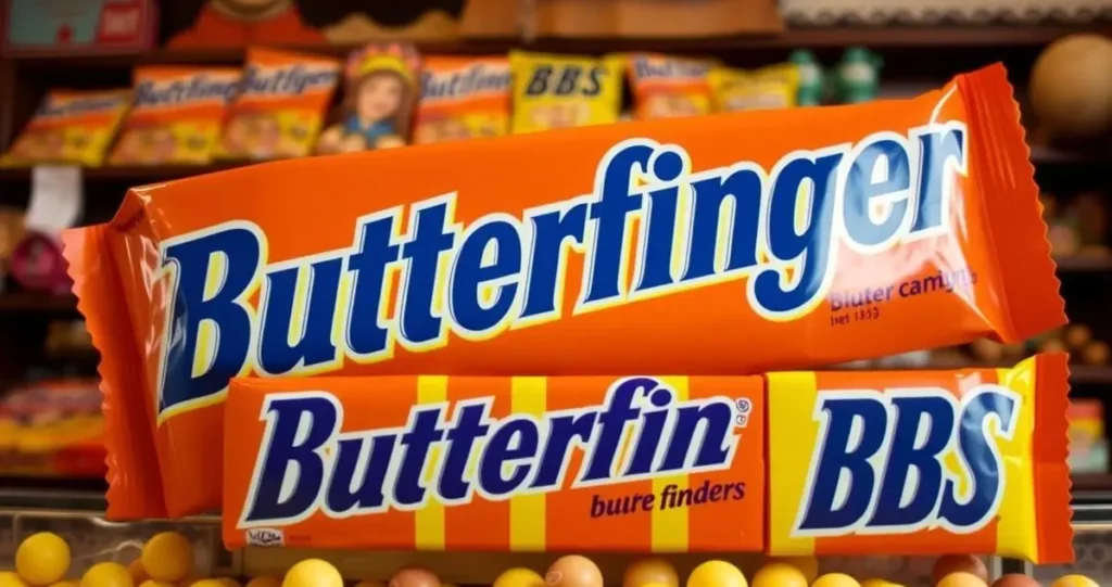 Vintage Butterfinger BBS candy packaging, retro design with classic orange and yellow colors, featuring an iconic striped wrapper, nostalgic candy display in a quaint old-fashioned candy store, soft ambient lighting, emphasizing a sense of timeless charm and sweetness.