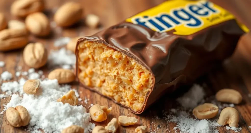 A close-up of a Butterfinger candy bar, cross-sectioned to reveal its layers, showcasing the crunchy peanut butter core, the orange-colored candy coating, and the chocolate exterior. Surrounding ingredients scattered artistically include roasted peanuts, sugar, corn syrup, and palm oil, all on a wooden background for a rustic feel.