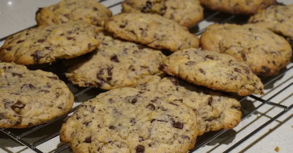 Close-up of freshly baked soft and chewy cookies on a cooling rack, with golden-brown edges and a gooey center, surrounded by ingredients like butter, brown sugar, and chocolate chips.