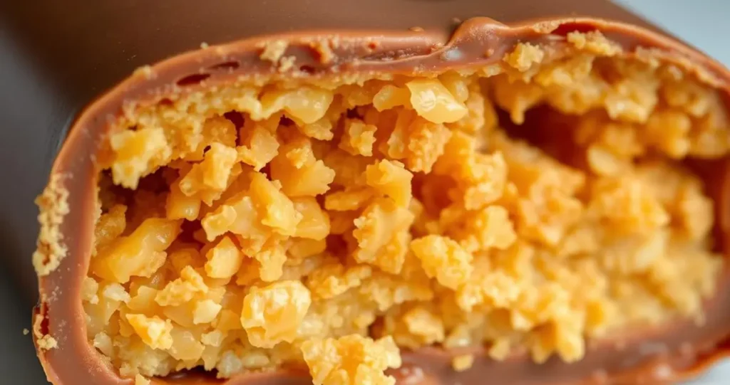 Close-up of a Butterfinger candy bar, showcasing its distinctive flaky, crispy texture. Rich caramel layered with a crumbly peanut butter core, surrounded by a smooth chocolate coating. Emphasize the golden-brown, irregularly shaped flakes highlighting the crunchiness of the candy. Soft lighting to enhance the glossy chocolate and the intricate details of the flaky interior.