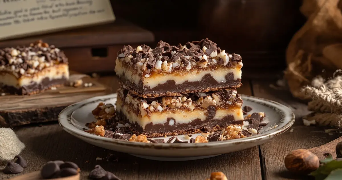 Delicious Hello Dolly Bars arranged on a plate, showcasing their layered texture with chocolate, coconut, and nuts, surrounded by scattered ingredients and a vintage cookbook, evoking a sense of nostalgia.