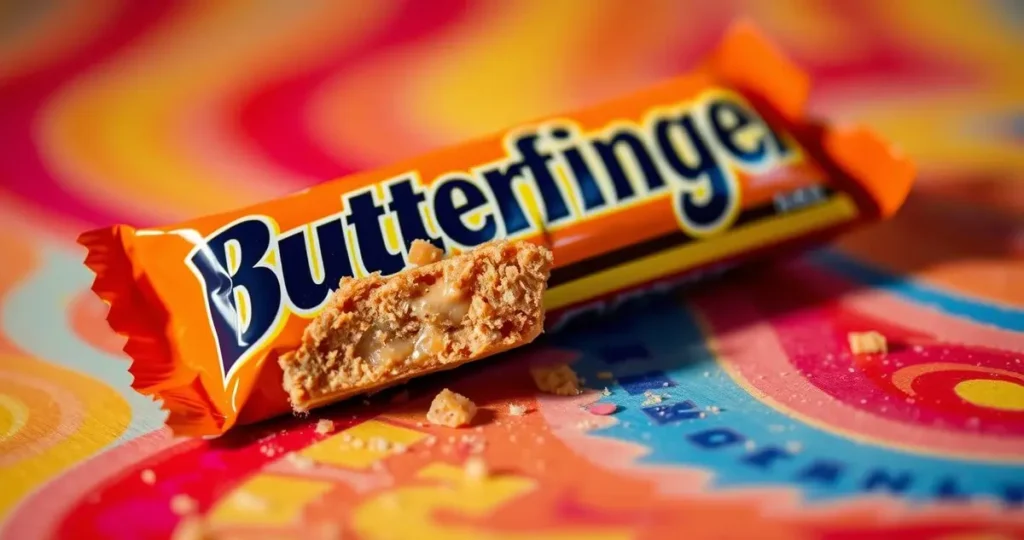 A close-up of a Butterfinger candy bar with its signature orange and yellow packaging, broken open to reveal the crunchy peanut butter filling inside, set against a vibrant, colorful background that evokes nostalgia and sweetness.