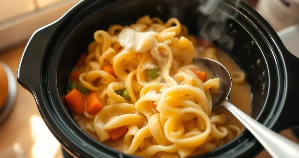 A close-up of overcooked egg noodles in a crockpot, with a soft, mushy texture and a creamy sauce surrounding them, steam rising gently, surrounded by vegetables like carrots and peas, a spoon resting on the side, warm kitchen atmosphere, light reflecting off the pot.