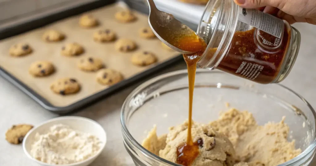 Close-up of a hand holding a jar of corn syrup, drizzling it into a mixing bowl filled with cookie dough. The background showcases a baking setup with ingredients like flour, sugar, and cookie trays.