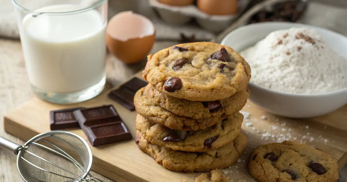 A stack of soft and chewy cookies with melting chocolate chips, placed on a rustic wooden table alongside baking ingredients and a glass of milk.