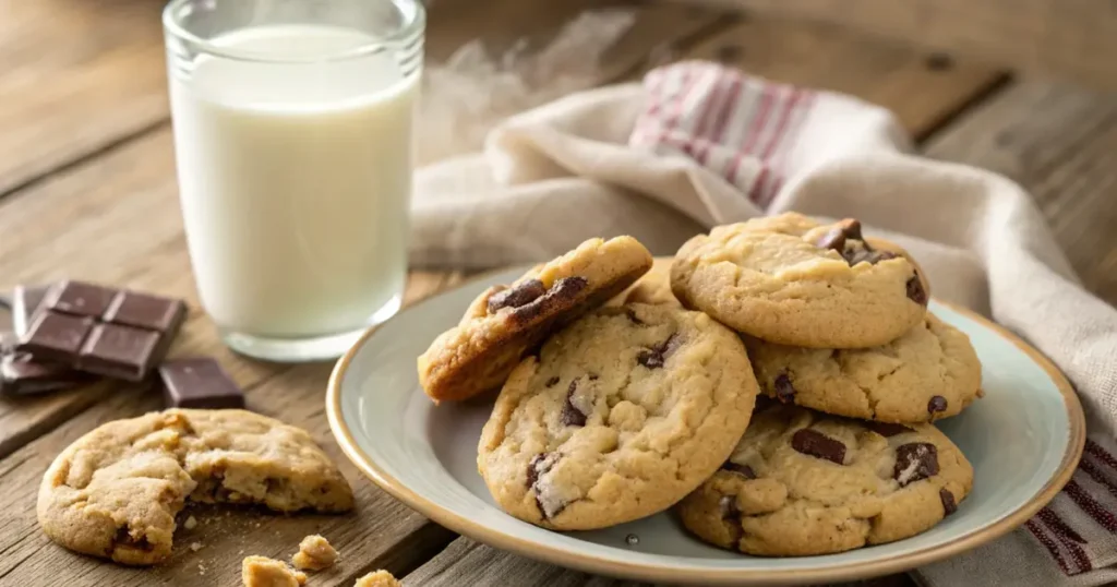 A plate of freshly baked soft cookies with golden edges and chewy centers, set on a rustic wooden table beside a glass of milk. Steam rises from the cookies, highlighting their warmth and freshness.