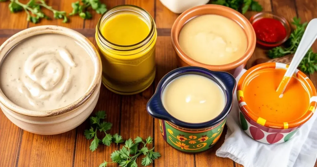 A vibrant display of different alternative sauces for chicken pot pie, featuring creamy mushroom sauce in a rustic bowl, tangy lemon herb sauce in a small jar, savory garlic butter sauce drizzled over vegetables, rich cheddar cheese sauce poured into a pie dish, and a spicy chipotle sauce in a colorful ceramic container. The sauces are all set against a warm wooden table backdrop, surrounded by fresh herbs and spices.