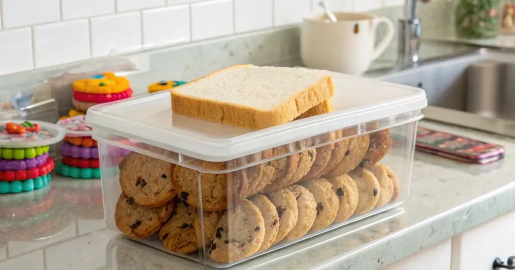 An airtight container filled with soft cookies, with a slice of white bread placed on top to maintain moisture. The scene is set in a bright, clean kitchen with vibrant decor.