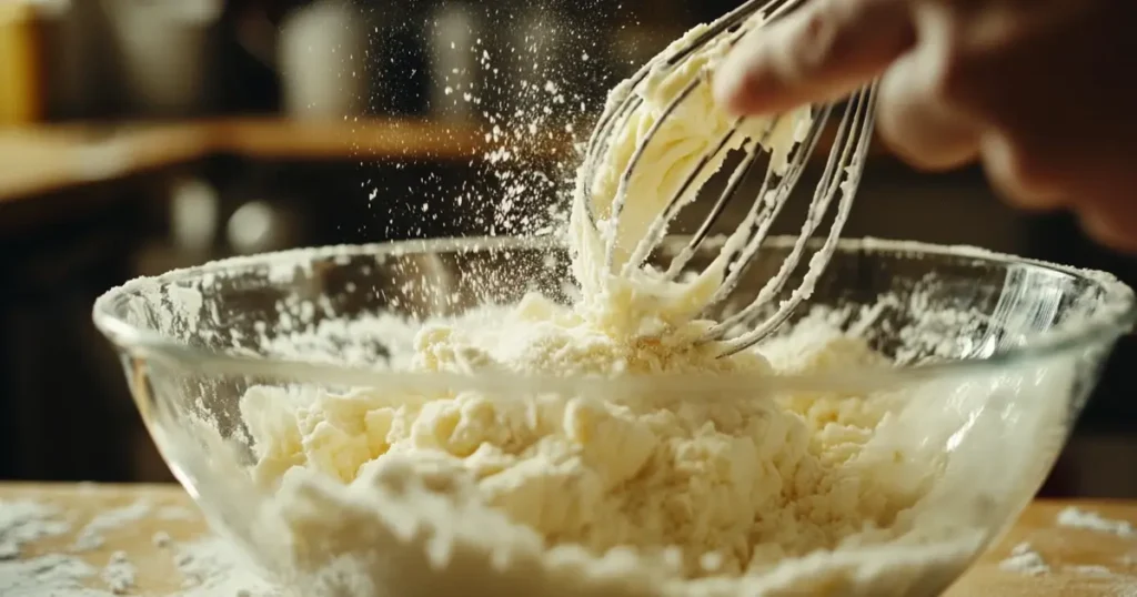 Baker mixing butter and sugar in a glass bowl for a soft and chewy cookie dough preparation.