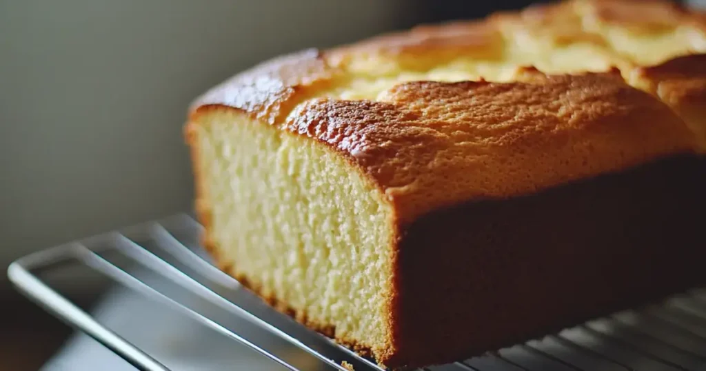 A golden pound cake cooling on a wire rack, fresh from the oven baked at 325°F. The cake is perfectly risen with slight browning on the edges, emphasizing its moist and tender texture.