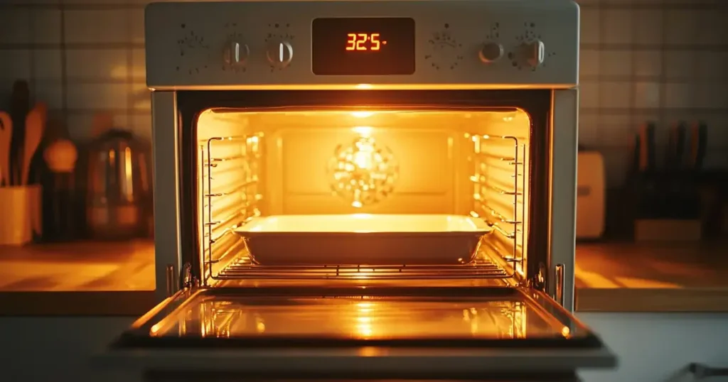 A clean, modern kitchen oven preheating to 325°F with a thermometer inside for accuracy, ready for baking. A tray sits on the counter nearby, and the oven's light illuminates the interior, showcasing a bright and minimalistic design.