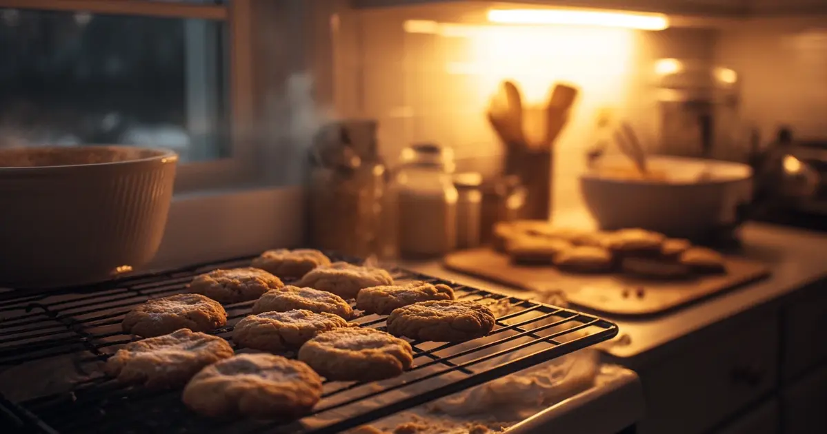 Freshly baked chewy cookies with golden brown edges, placed on a cooling rack, with baking ingredients like brown sugar, butter, and flour in the background.