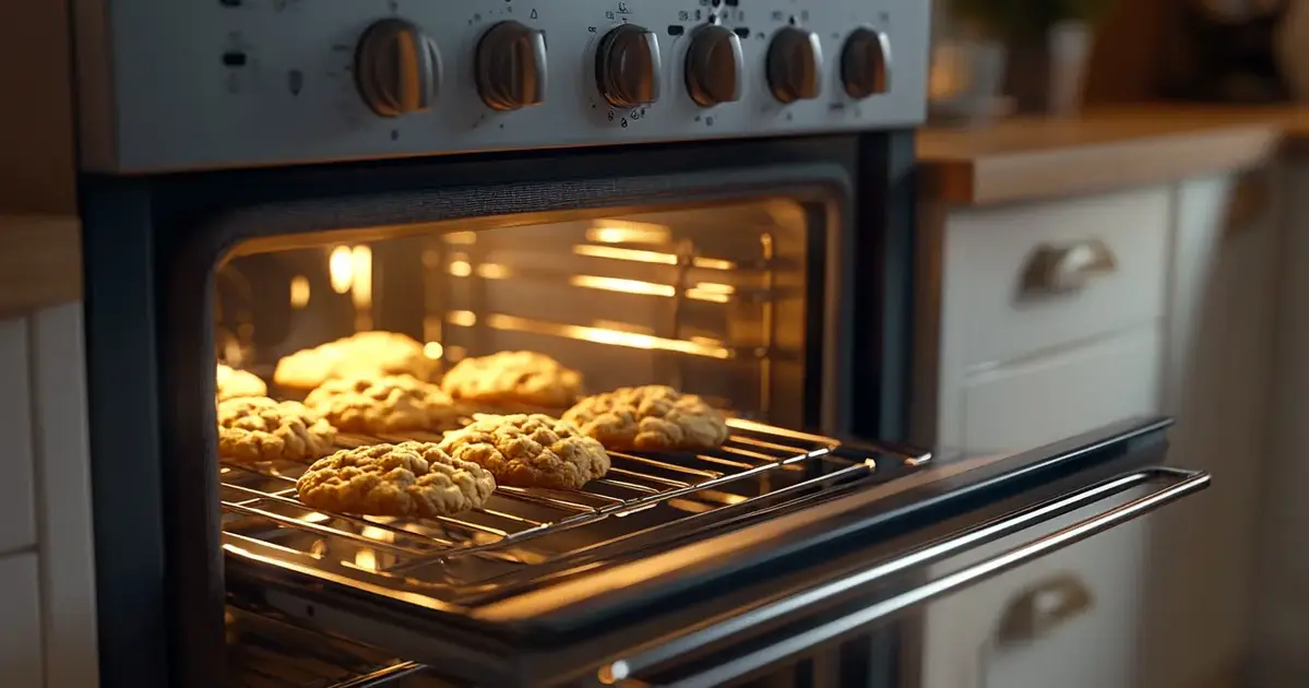 An oven with its door slightly open, showing a tray of perfectly baked cookies with golden-brown edges, emphasizing the best oven setting for baking cookies.